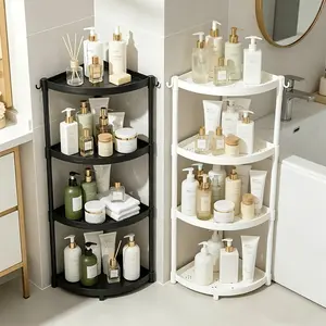 Triangular Open Multi-Functional Corner Shelf, Hollow Design Bathroom Rust-Proof Plastic Vertical Shower Rack, 90° Corner Independent Shelf with 2 Hooks, Suitable for Bathroom, Living Room, Bedroom, Kitchen, Entryway, Snack, Plant Stand (White
