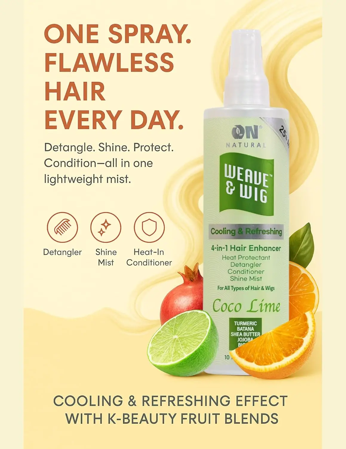 ON Natural 4-in-1 All-Natural Liquid Leave-In Conditioner - 3.4 oz Pomegranate Haircare Treatment, Anti-Frizz, Non-Sticky, Detangling, Lightweight Daily Weave & Wig Conditioner for All Hair Textures