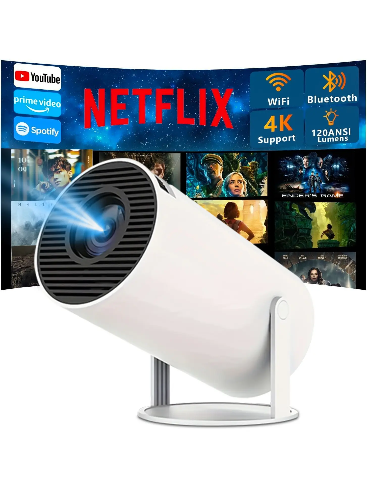 HYD Mini Short Throw LED Projector - Portable, USB-Powered, Chargeable, Bluetooth, Wireless Connectivity, Remote Control, Built-in Audio, Android Compatible, Efficient Design, Included Cable for Home Entertainment