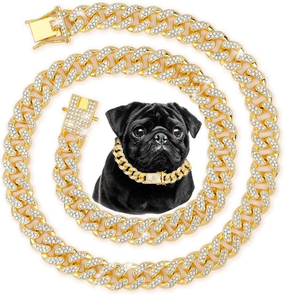 Dog Chain Collar with Safety Buckle, Stainless Steel Cuban Chain Walking Chain, Suitable for Large Dogs, American Bulldog, French Bulldog Pets