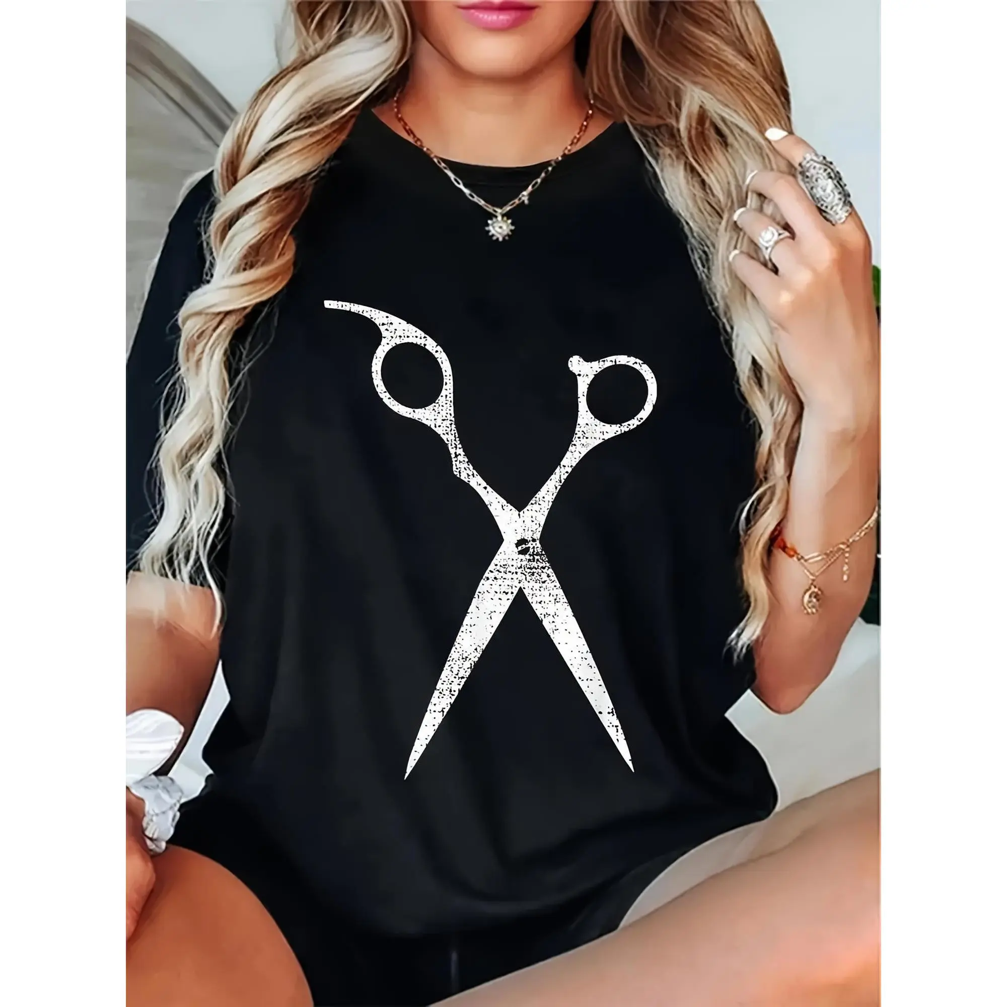 Women's Pure Cotton Short-Sleeve Graphic T-Shirt - Classic Crew Neck, Fitted Lady's Korean Casual Chic Top, Digital Cartoon & Letter Print, Machine Washable, All-Seasons Streetwear Basic, Valentine's Day Gift, S-M