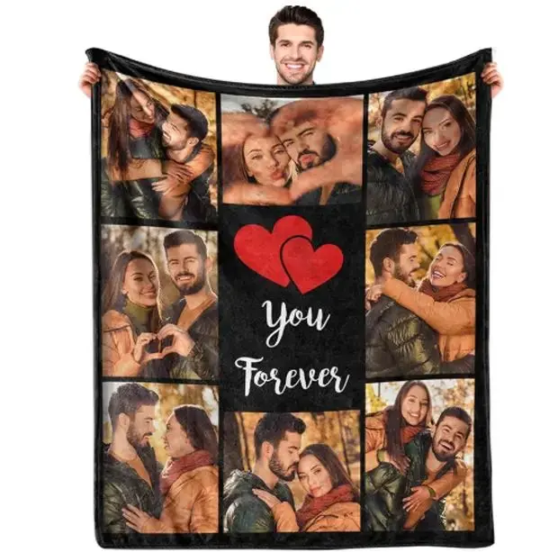 Couple Love Flannel Throw Blanket, Romantic Photo Collage Style Blanket, Anniversary Gift for Husband Wife Boyfriend Girlfriend