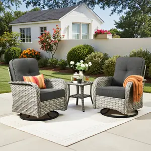 ALTRIGUS 3 Pieces Patio Furniture Set with Swivel Chair, Outdoor Swivel Rocker with Washable Cushions & Tempered Glass Tabletop, Outdoor Rattan Conversation Set for Lawn Backyard Porch