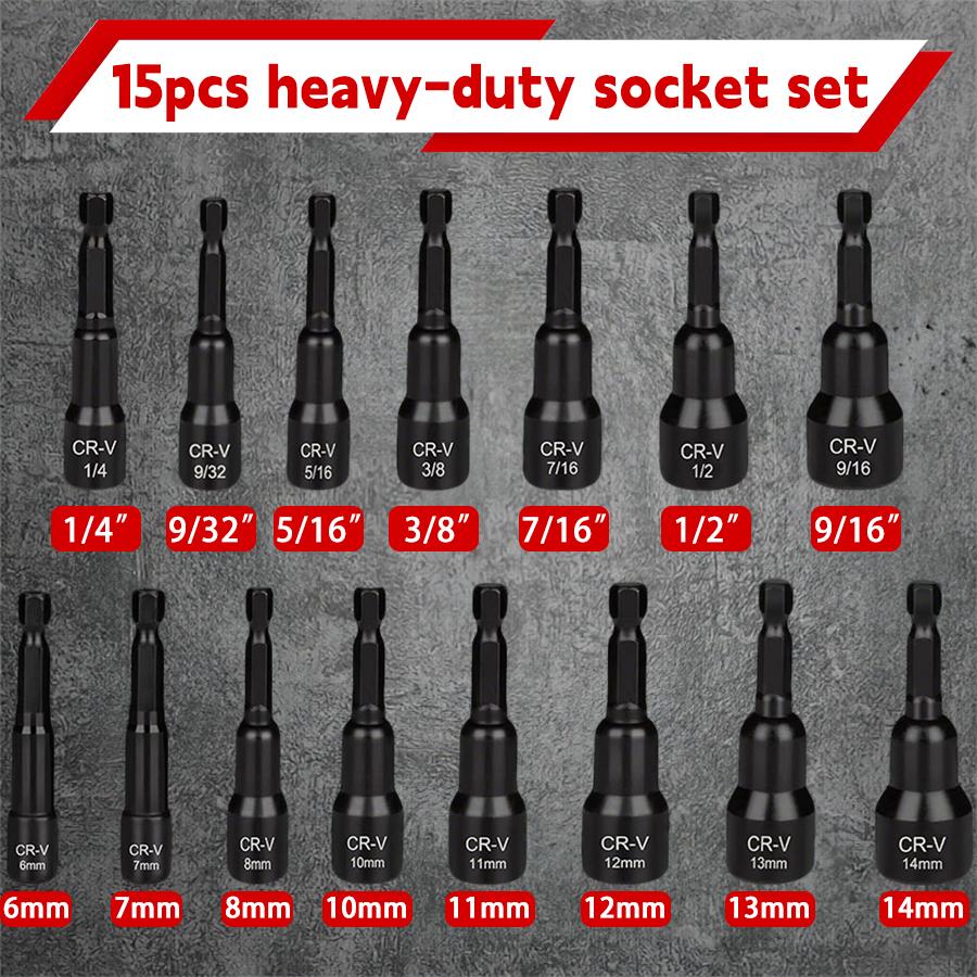 15-Piece Magnetic Nut Driver Set Chrome Vanadium Steel 1/4" Hex Shank Impact Resistant SAE 1/4"-9/16" Metric 6-14mm Hand Tools for Auto Repair, Home Maintenance, Furniture Assembly and Garage Workshop