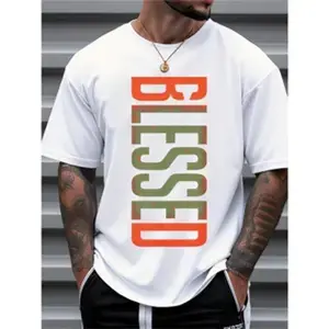 Mens Clothes, T Shirts for Men, Casual Style Design with Print, 100% Pure Cotton Fabric, Loose Fit, Comfortable And Breathable, BLESSED Black T-Shirt, Fashionable And Trendy, Suitable for Daily And Outdoor Wear in Summer