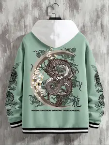 Men's Letter Print Button Flight Jacket, Classic Sporty Outerwear, Dragon Graphic Casual Style, Long Sleeve Fall Winter Coat