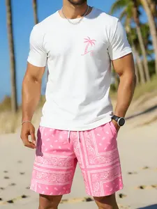 Men's Summer Casual Short Sleeve Tee & Track Shorts Set, Coconut Tree Tropical Print Pattern Top, Irregular Beach Pants, Comfortable Fit, Fashion Style