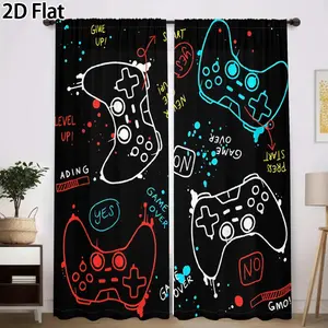 2D Flat 2Pcs Gamer Theme Curtains, Black Controller Pattern Window Drapes with Graffiti Design, Perfect for Teenagers' Bedrooms, Playrooms, and Gaming Room Decor, Stylish Home Furnishings Translucent tube bag design