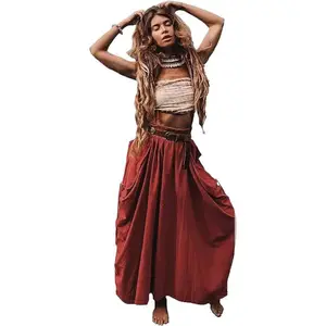 Women's Casual Skirt 2025 New Drawstring Large Pocket Bohemian Loose Organic Cotton Long Skirt