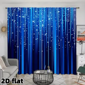 2D Flat 2Pcs Starry Night Sky Curtains Rod Pocket Design Blue Gradient Stripe Pattern Semi Sunshade Polyester Material Suitable for Living Room Bedroom Kitchen Study Window Treatment Home Decoration Curtain Home Decor Privacy Protection