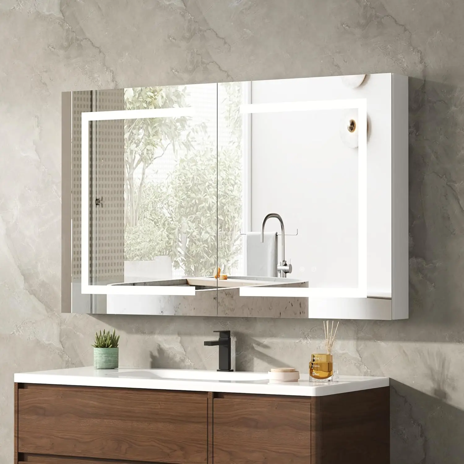 Modern Aluminum Frame LED Medicine Cabinet with Mirror Surface for Bathroom, 36" W x 24" Assembly-Free Lighted Cabinet, Defog Function, Stepless Dimming, 3 Colors, 2 Outlets, 2 USB Ports, Wall-Mounted