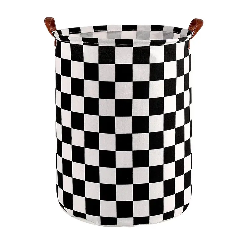 Collapsible Black-and-White Checkered Laundry Basket/Bag (with Leather Handles) — Large-Capacity Laundry Hamper; Suitable for Bathrooms, Bedrooms, Laundry Rooms, and College Dorms