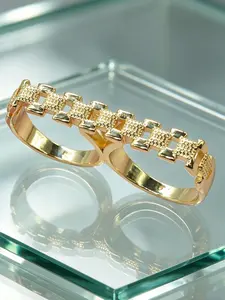 Fashion Hip-Hop Plated 14k Gold Geometric Chain Hollow Out Dual Finger Ring, Vintage Unisex Daily Wear Jewelry Gift, Geometric Design Ring, Fashion Rings