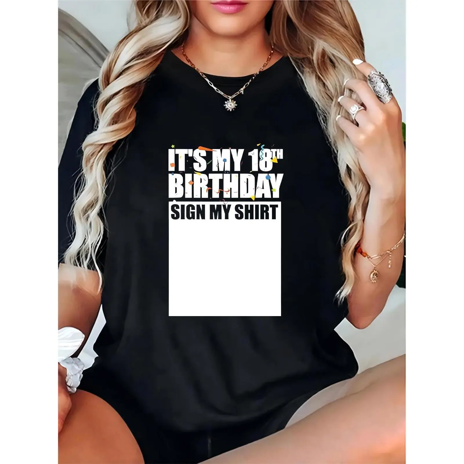 Women's Black 18th Birthday T - Shirt with "It's My 18th Birthday Sign My Shirt" Text & Confetti Accents, Ideal for 18th Birthday Party Celebrations
