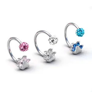 HERVAY 16G/10MM Stainless Steel Ring - Cute Dog Foot Print & Colorful Charms - Suitable for Nose (Stud)/Lips/Ear - Unisex Piercing Accessories