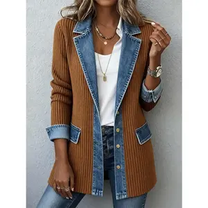 Women’s cowboy-style patchwork jacket, medium length with a long collar and long sleeves, loose fit, casual outdoor fashion, versatile top GARMENTARY