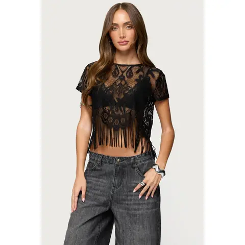 Kira Sheer Lace Fringe Top