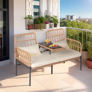 Outdoor Loveseat 2 Pieces Patio Furniture Set, Porch Furniture Wicker Large Loveseats, Patio Conversation Sets with Cushions & Lumbar Pillows and Built-in Table