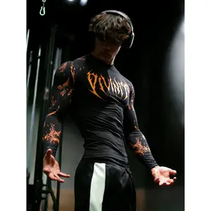 Men's Quick-Dry High-Elasticity Slim-Fit Long Sleeve T-Shirt - Gothic Geometric Print Athletic Shirt Suitable for Gym, Training, - Spring/Autumn Workout Top with Round Neck & Raglan Sleeves