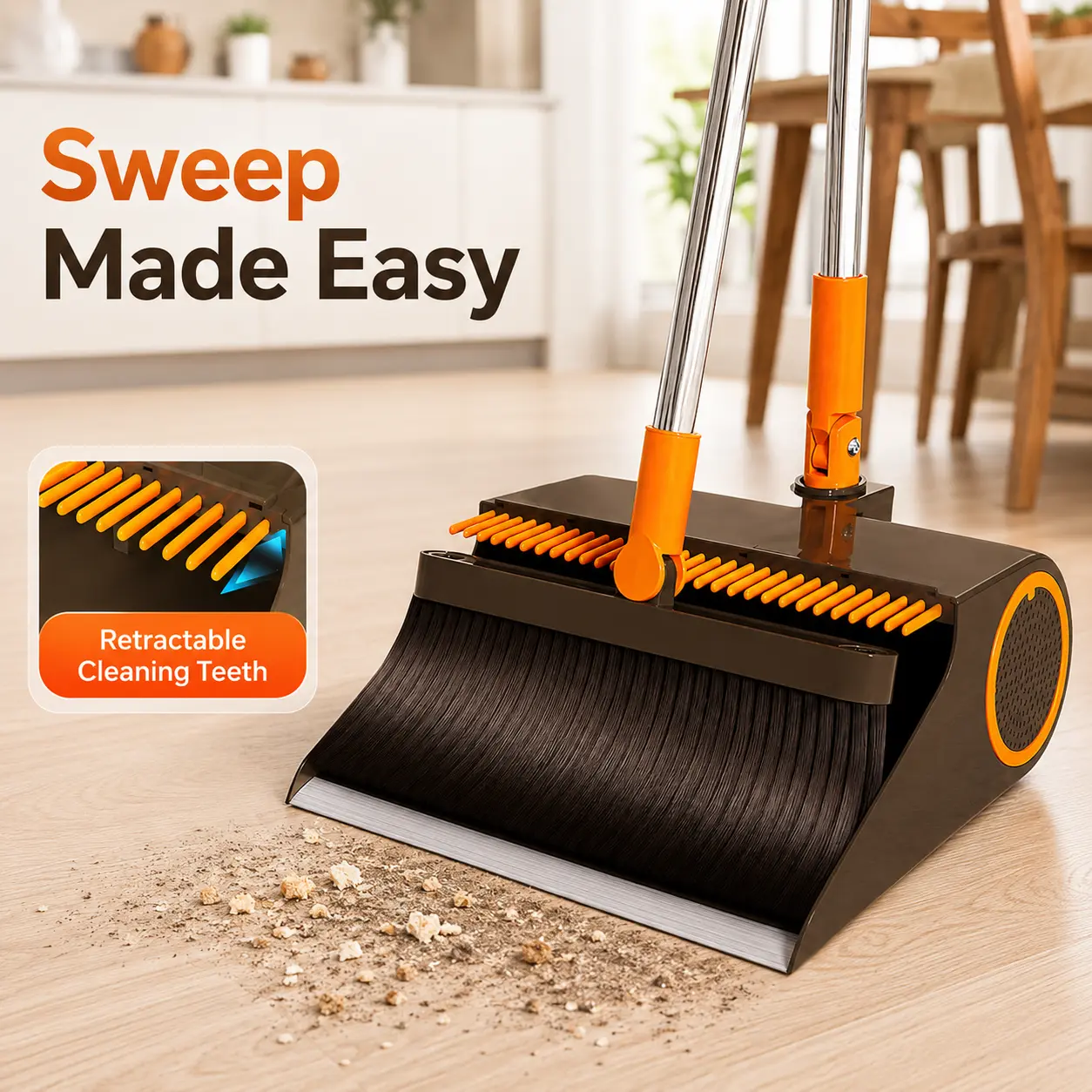 Broom and Dustpan Set, Satisfying Self-Cleaning Stand Up Dustpan with Built-In Comb Teeth, Upright Broom with 180 Swivel Head, Long Handle Foldable Broom Combo for Pet Hair Dust, Aesthetic Cleaning Tool for Kitchen Bathroom Apartment Dorm