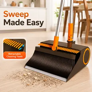 Broom and Dustpan Set, Satisfying Self-Cleaning Stand Up Dustpan with Built-In Comb Teeth, Upright Broom with 180 Swivel Head, Long Handle Foldable Broom Combo for Pet Hair Dust, Aesthetic Cleaning Tool for Kitchen Bathroom Apartment Dorm