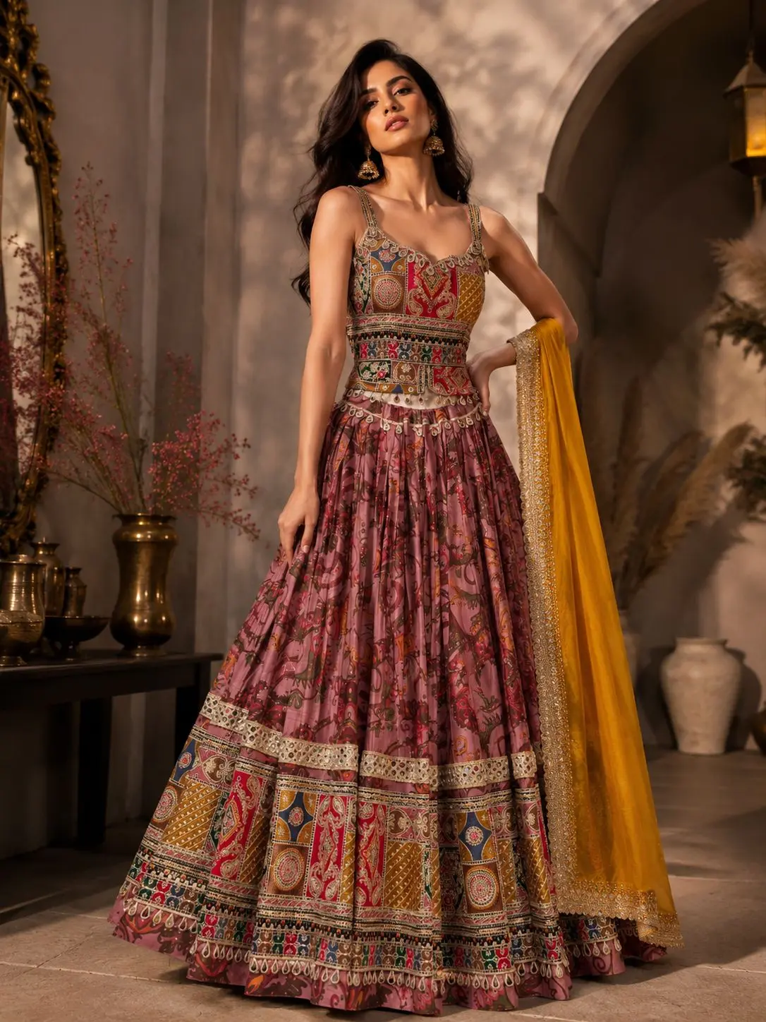 Mauve Printed Bombay Cotton Silk Lehenga Set | Coin Border & Mustard Vintage Dupatta