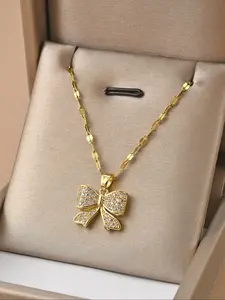 Women's Elegant Rhinestone Decorated Bowknot Design Pendant Necklace, Exquisite Trendy Pendant Necklace, Chic Jewelry As Gift for Girlfriend, Dainty Fashion Jewelry