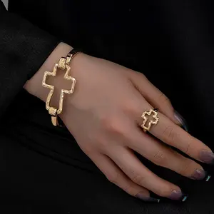 Meraki Women's 2-Piece Cross Bracelet & Ring Gold Jewelry Set, Delicate Versatile Fashionable Artificial Gemstone Jewelry for Parties, Everyday Wear, Ideal Gift Option, Gold Jewelry Sets