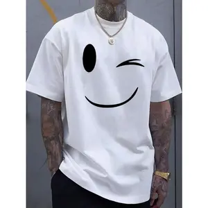 Men's Streetwear Graphic T-Shirt in 100% Soft Cotton Fabric, Loose Fit Hip-Hop Top with Smiley Face Print