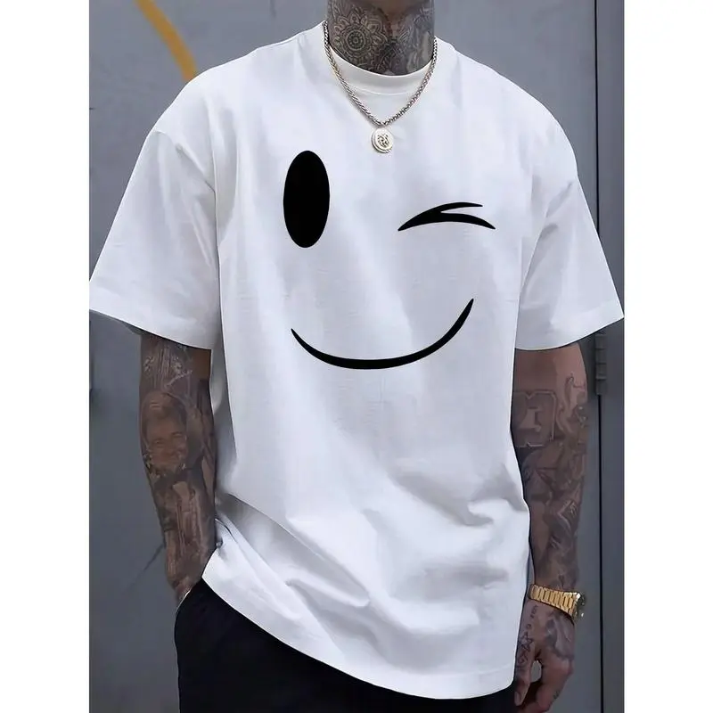Women's Casual Menswear T-Shirt - 100% Soft Cotton Streetwear Top, Loose Fit Hip-Hop Graphic Tee with Smiley Face Print, Tshirt, Hem