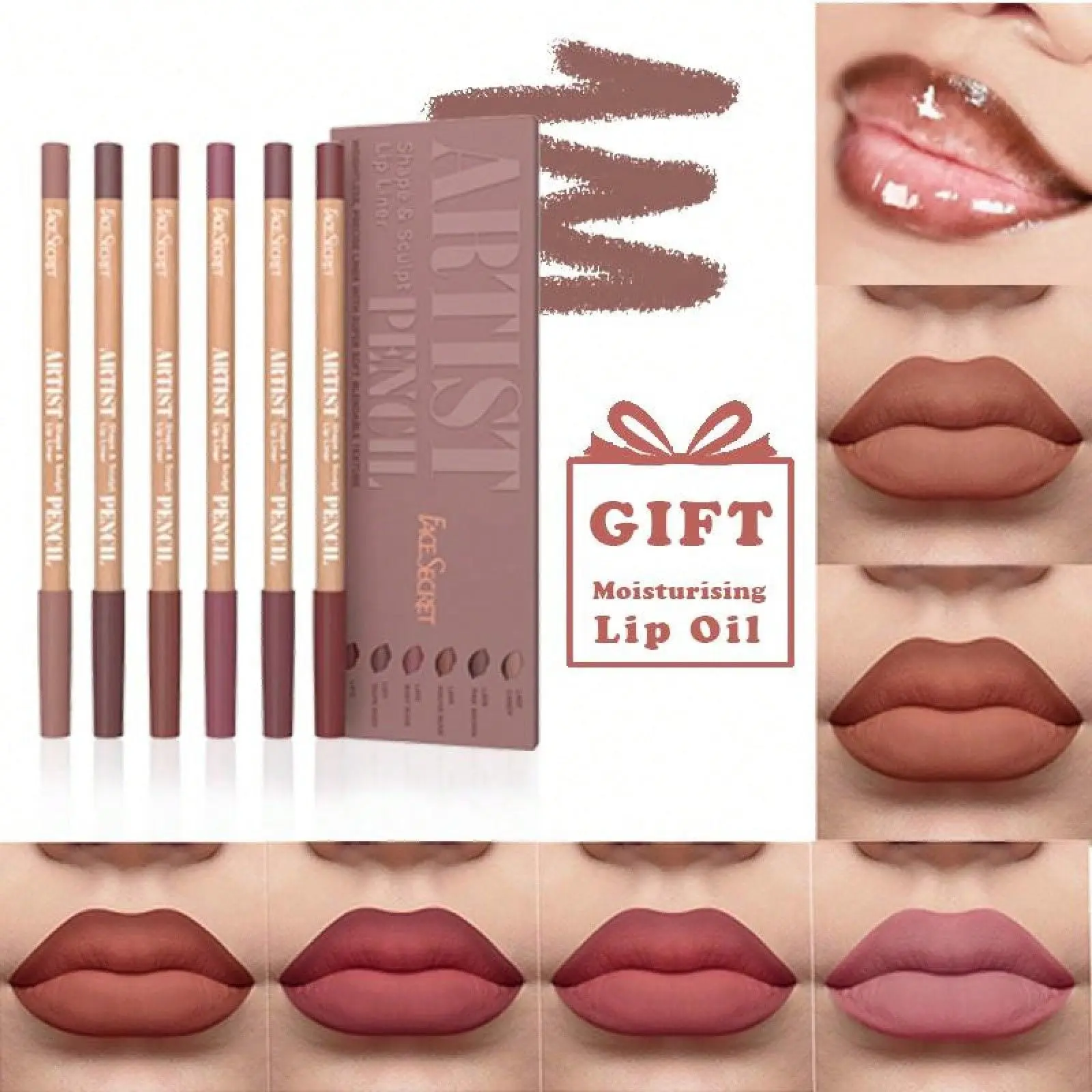 Beauty Glazed 6Pcs Nude Lip Liner Set Popular Shades Smooth Creamy Texture Waterproof Long Lasting High Precision Tip Non Drying Comfort Wear Gift Moisturising Lip Oil