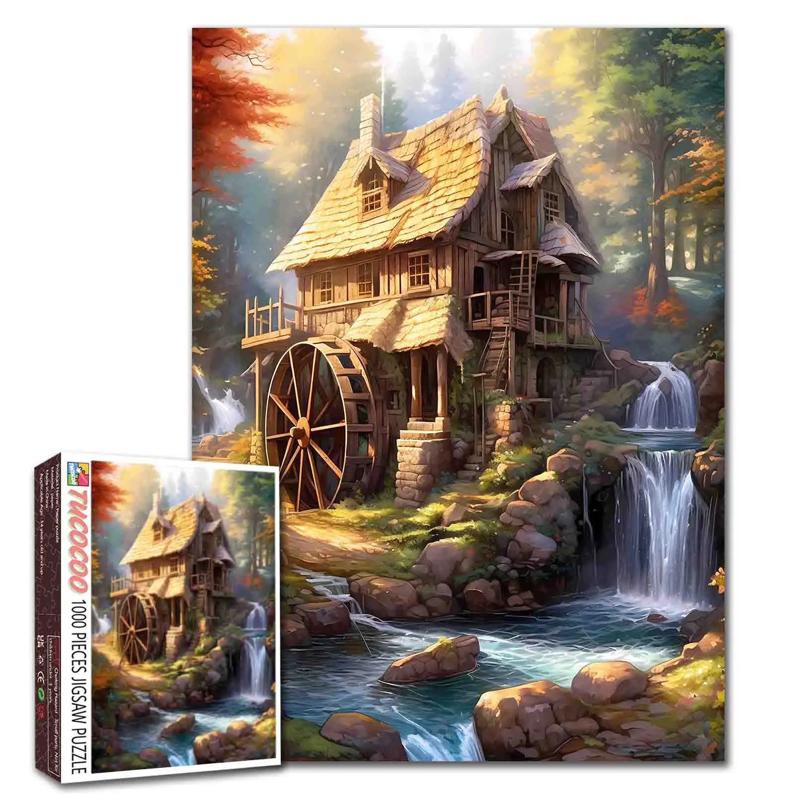 Tucocoo Enchanted Watermill Cottage 1000 Pieces Jigsaw Puzzle, Rustic Wooden Cabin with Water Wheel and Waterfalls, Autumn Forest Landscape, Challenging Brain Teaser for Adults, Farmhouse Wall Decor Gift, 27.5x20inch(70x50cm)