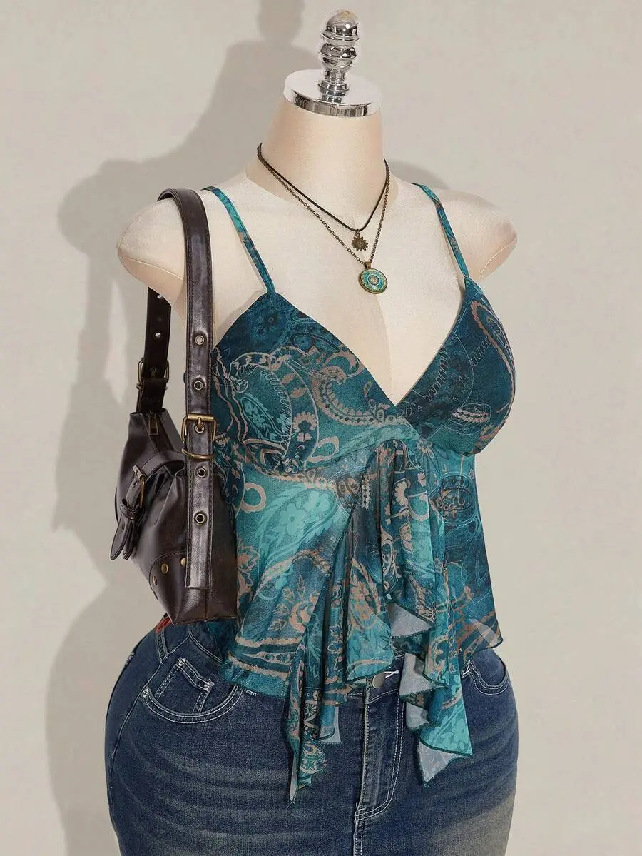 Retro Fashion Bohemian Style Y2K Millennium Blue-Green Paisley Print Ruffled Semi-Sheer Mesh Top Hippie Western