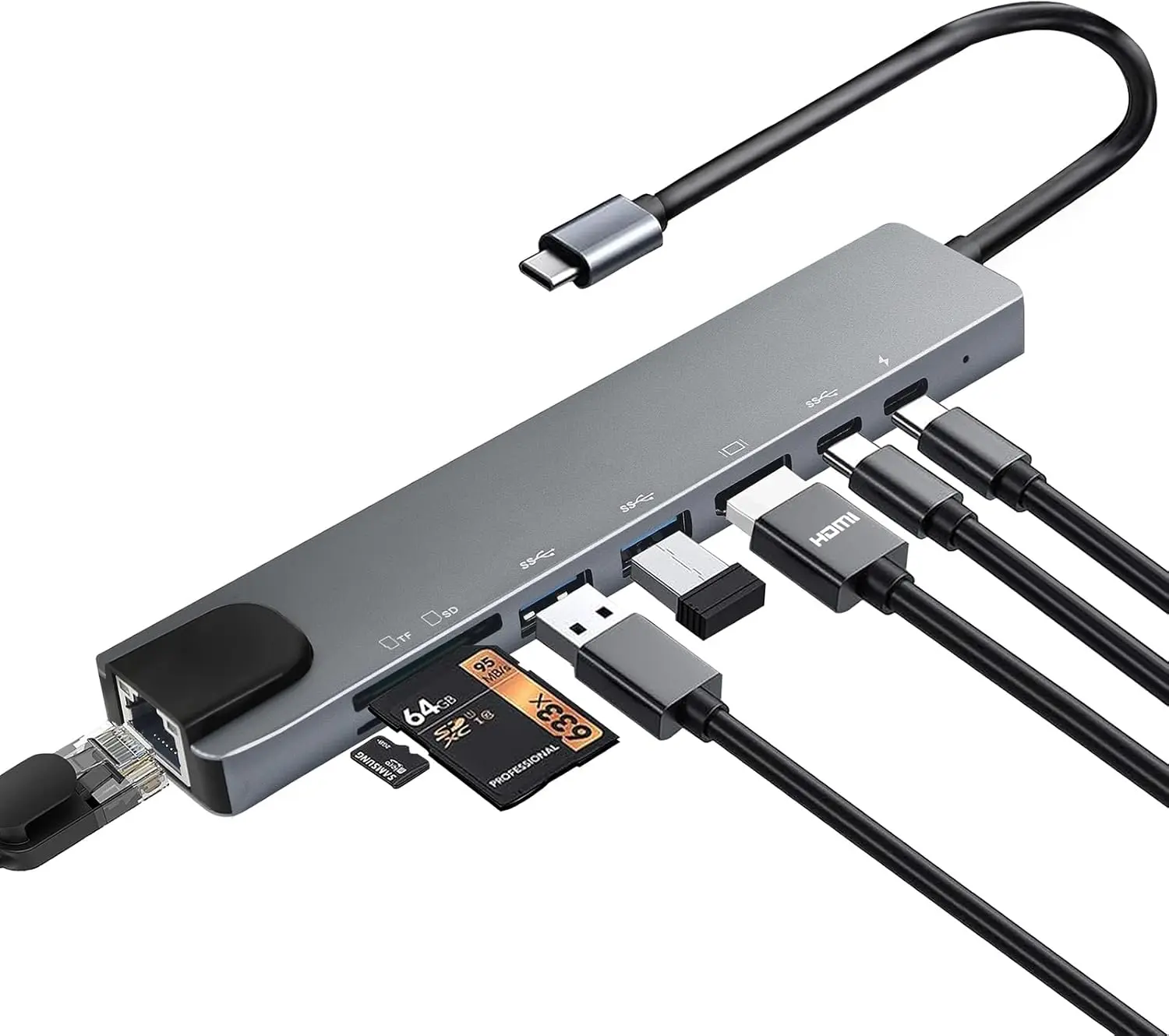Redbeat S2 USB C Hub 8 in 1 Laptop Docking Station 4K HDMI PD 100W Charging Ethernet Port SD TF Card Reader USB 3.0 Multiport Adapter For MacBook Windows Laptop