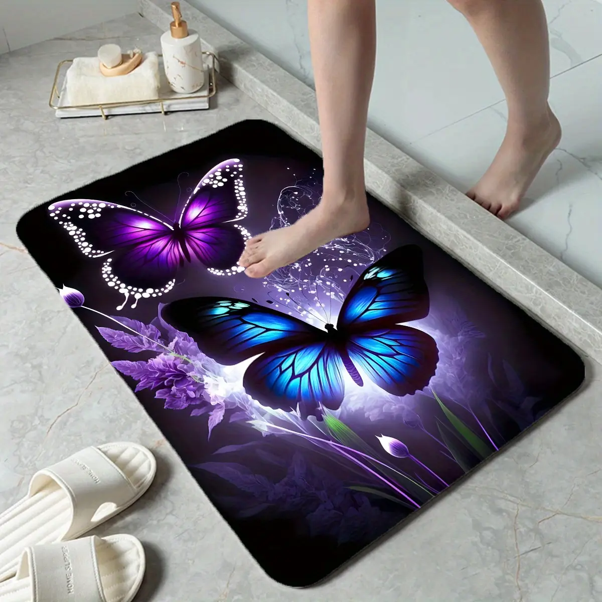 Purple Butterfly Print Non-Slip Bath Mat - Bedroom, Or Study Decor Fast Drying Anti-Slip Soft Carpet For Bathroom Shower Laundry Room Kitchen All Season Home Decor Bathr Soft Flannel Bath Mat Home Decor Gift