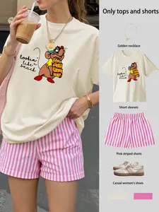 lookin' like a snack pink Women's casual round neck pink striped simple suit, ladies short-sleeve top + striped shorts two-piece set