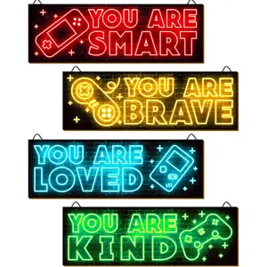 Neon Game Art Prints, Wood Wall Art Decor for Boys Room, Gamer Decorations, Inspirational Quote Wall Decor, Modern Home Decor