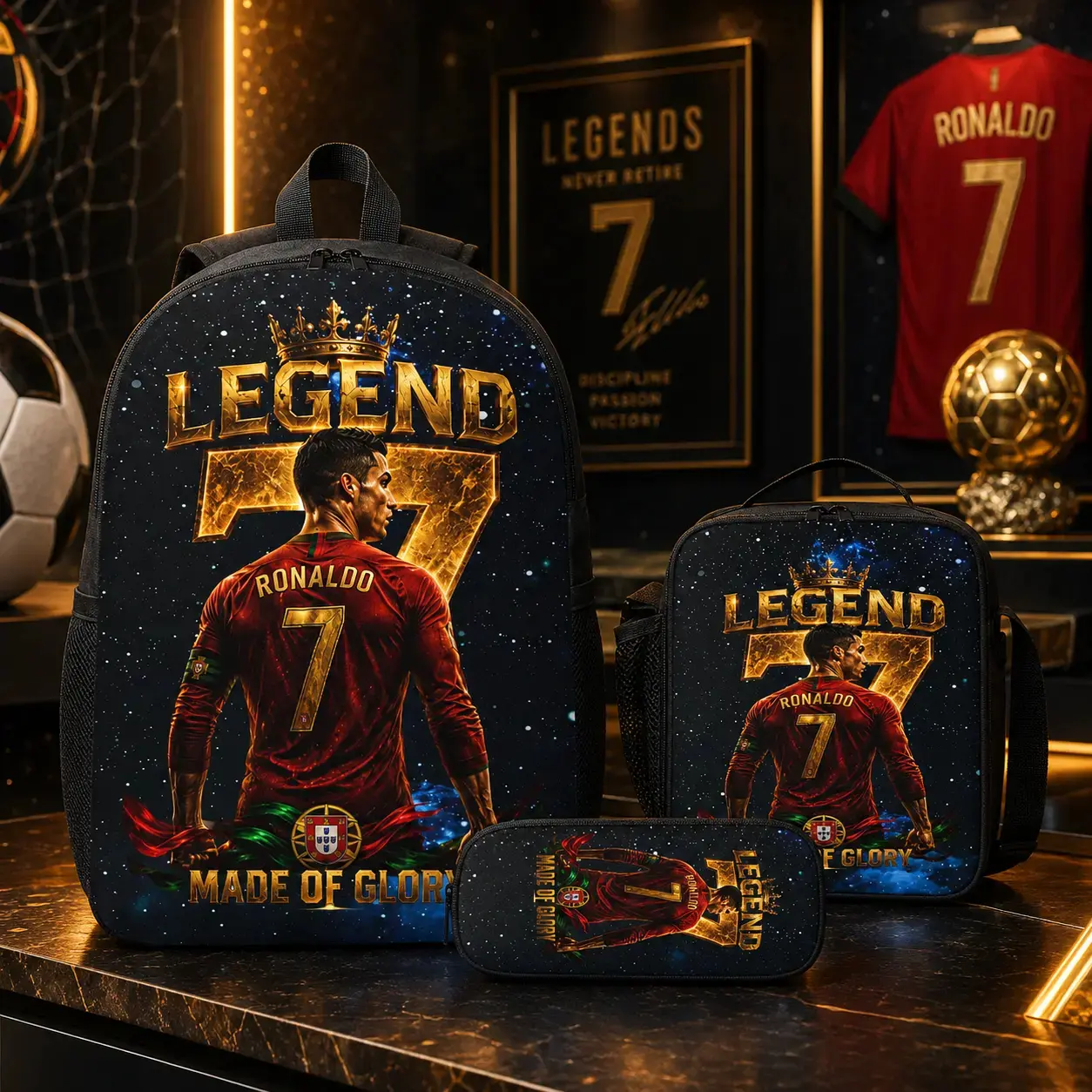Back to School 2026 Legend 7 Soccer Backpack 3 PCS Set for Boys Teens, Ronaldo #7 Bookbag with Insulated Lunch Box and Pencil Case, Elementary Middle High School Student Bag, Sports Fan Birthday Gift ( 3pcs Set-1 )