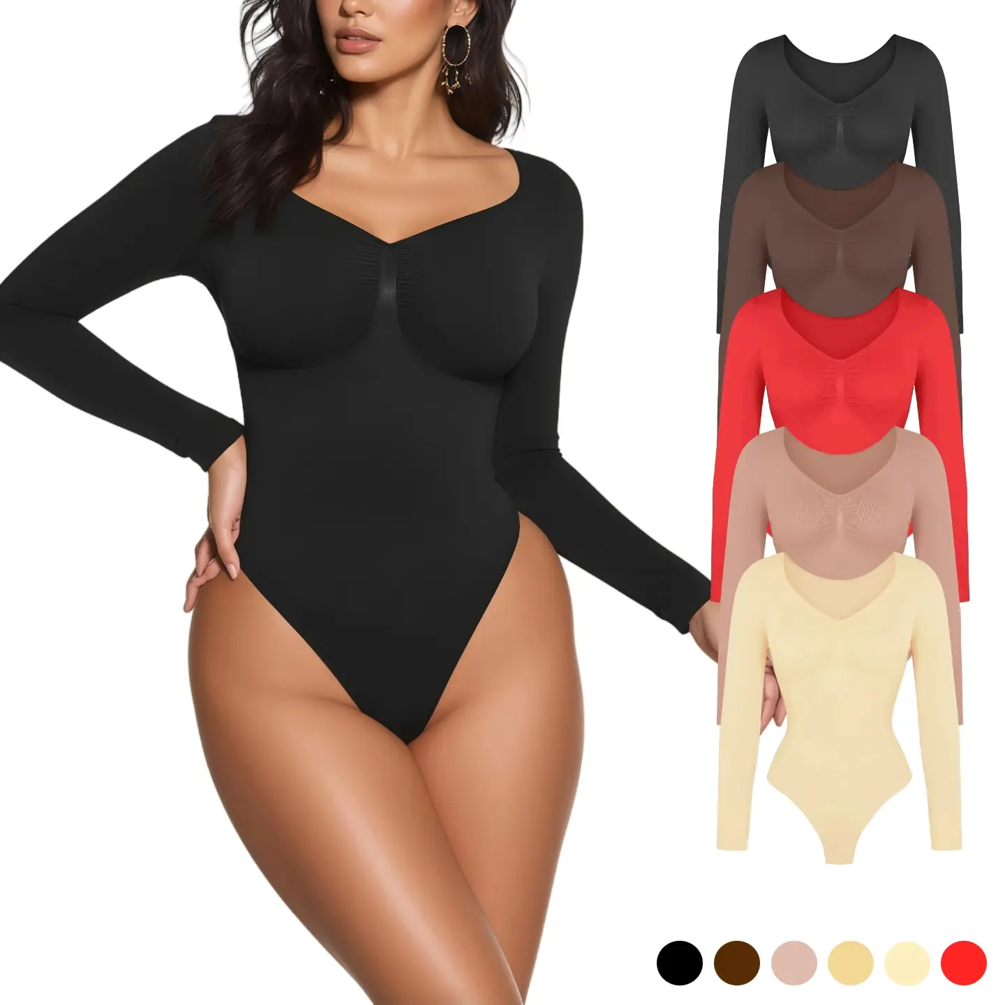 Women’s Seamless Shaping Bodysuit - Long Sleeve V-Neck, Tummy Control Thong, Elastane Lightweight Compression Fabric, Arm Shaper, Body Contouring, Cute Everyday Wear for Valentine’s Day Wedding Prep