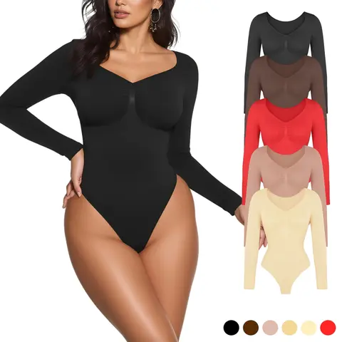 Women's Seamless Shaping Bodysuit Long Sleeve V-Neck Tummy Control Thong Chic Athleisure Everyday Outwear Lightweight Compression,sohochic