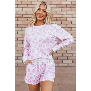 Pink Leopard Animal Print Pullover and Shorts Loungewear