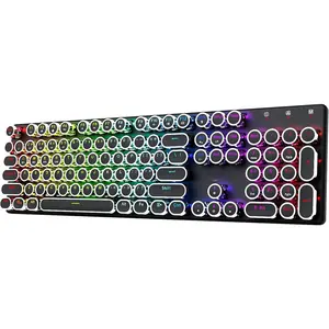 Typewriter Style Mechanical Gaming Keyboard, /2.4Ghz/Wired, RGB Backlit, Rechargeable, Blue  - Clicky, Metal Panel, Round Keycaps, Black