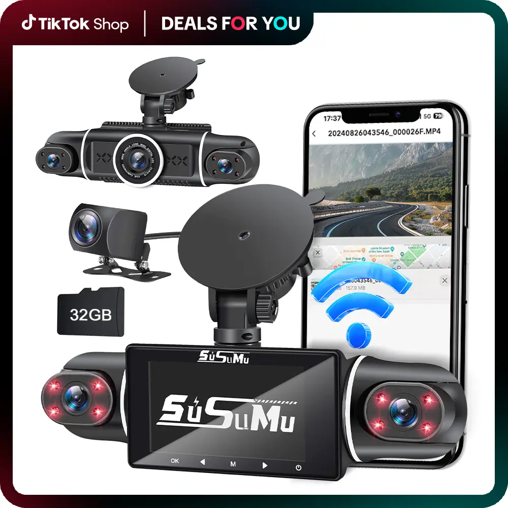 SUSUMU Built-in WiFi GPS 4-Channel Dash Cam with Led Lights Night Vision 3" , Front & Rear Inside Left Right 360 Degree View Car Camera, Free 32GB Car