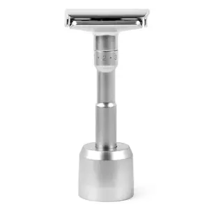 Premium Adjustable Double Edge Safety Shaving Razor w Stand Silver & 5 Blades