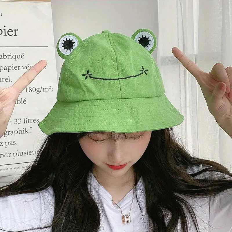 Women's Fashionable Cute Frog Bucket Hat - Animal Ears, Cartoonish Face, Character Inspired, Beach Fit, Breathable Lightweight Hat with Snap Closure, Machine Washable, Ideal for Parties & Daily Wear, Animal Ears Hats, Cartoonish Face Hats