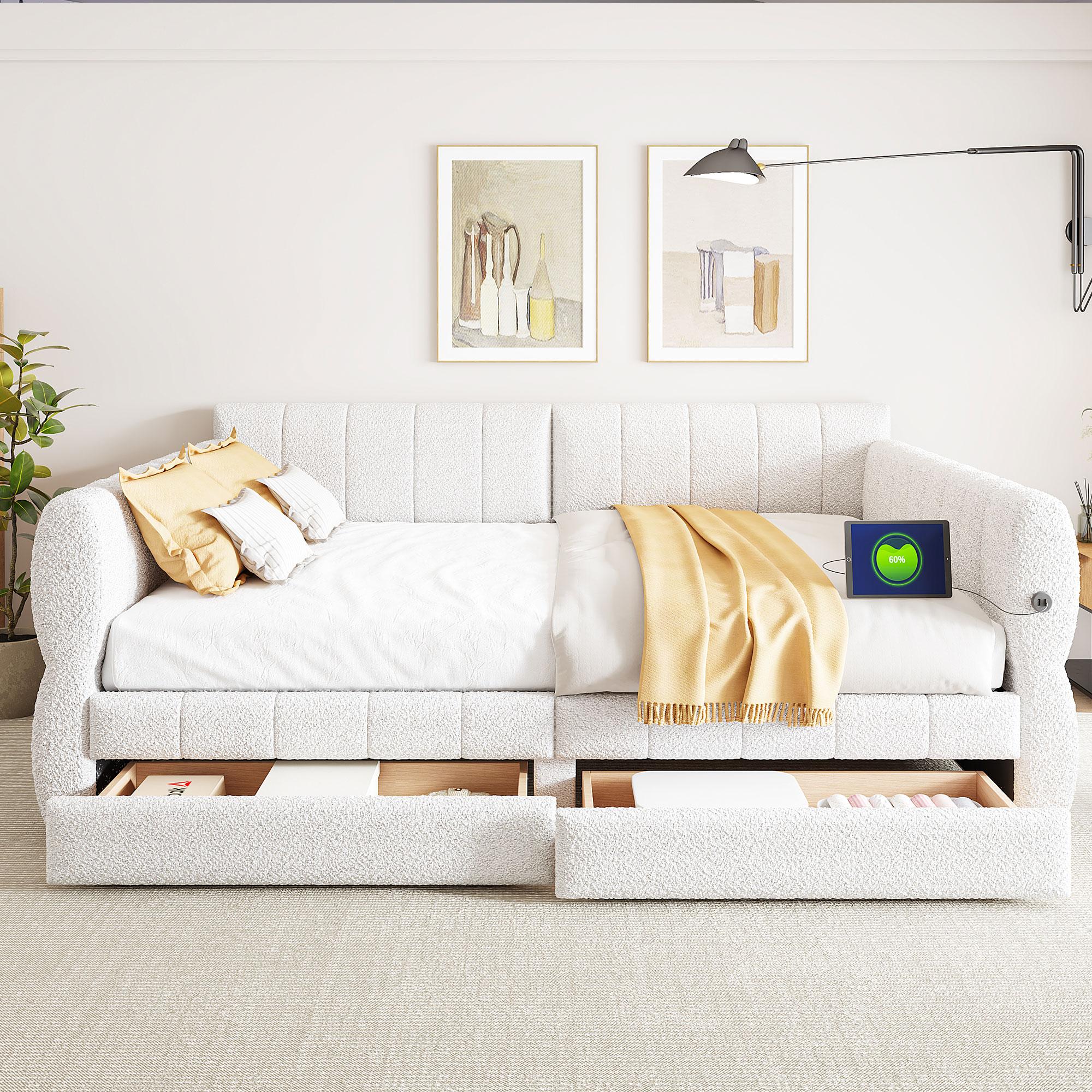 Queen Daybed Frame with 2 Storage Drawers and USB Charging Station, Upholstered Lambswool Sleeper Day Bed Couch with Armrest, No Spring Box Required, Easy Assemble, Beige Queen Daybed Frame with 2 Storage Drawers and USB Charging Station, Upholstered Lambswool Sleeper Day Bed Couch with Armrest, No Spring Box Required, Easy Assemble, Beige