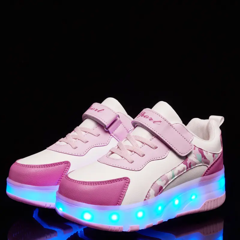 ANEFUN Kids' Adjustable 2-in-1 Velcro Strips LED Light-Up Quad Roller Skates - Convertible to Sneakers, 12 Color Modes, ASTM Safety Certified, ABEC-5 Bearings, 600D Abrasion Resistant Fabric, All Seasons, 5-15 Years