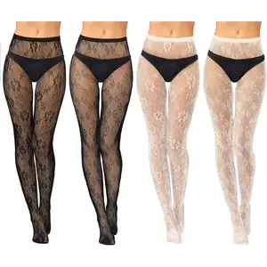 4 Pack Women Lace Tights White Black Fishnet Stockings Floral Mesh Pantyhose Stockings Leggings Bow Patterned Tights for Women Halloween
