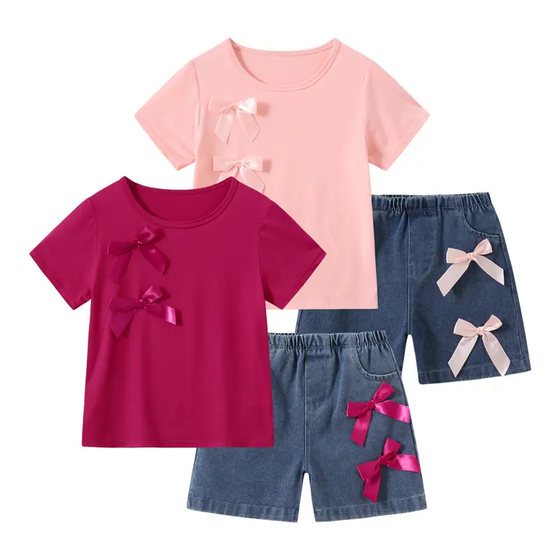 #SummerVibes 4-piece girls' summer fashion casual short-sleeved shorts suit 3-12 years old children's bow short-sleeved and bow denim shorts with pocket design trend children's wear Round Neck Set