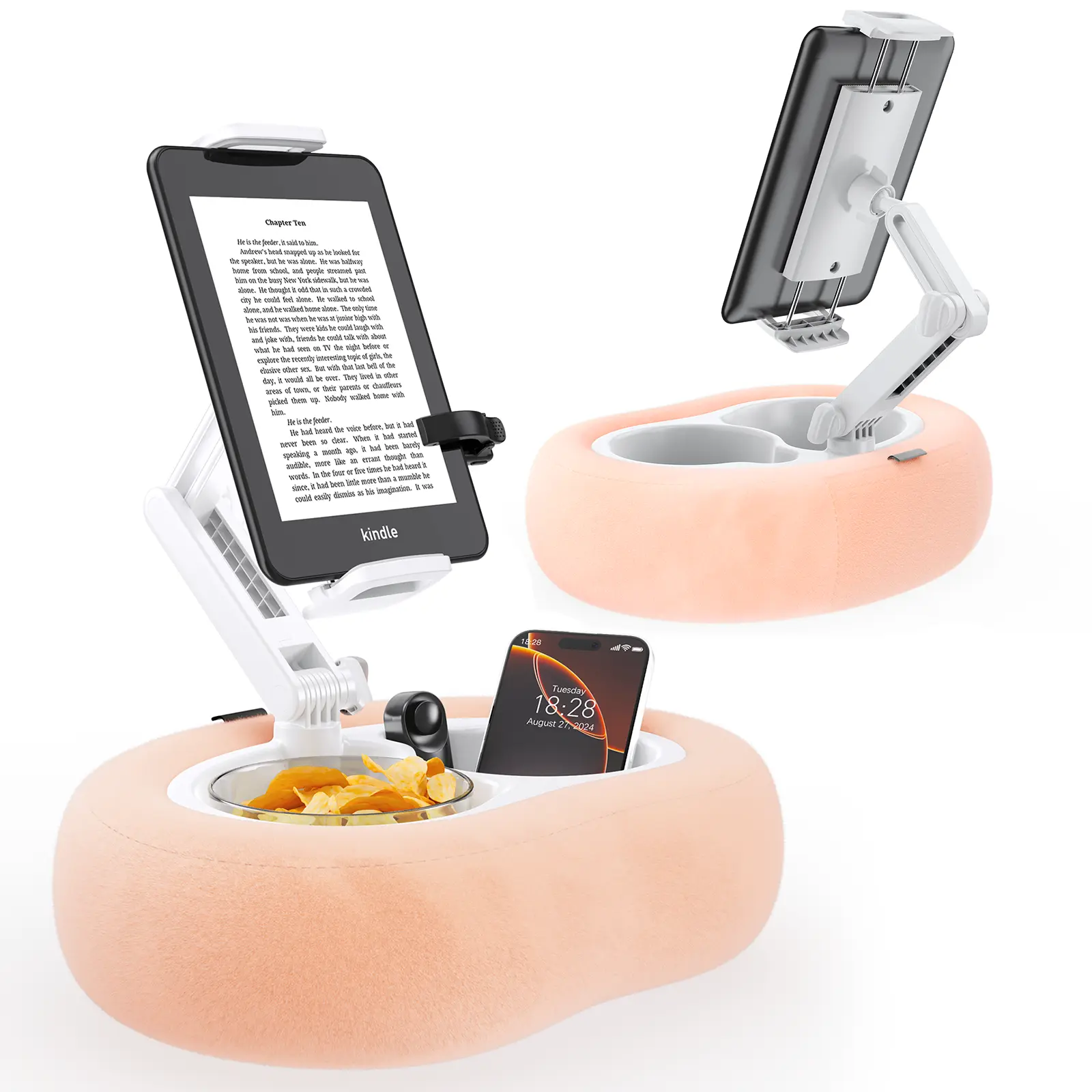 TRYONE Tablet Pillow Stand for Lap, Adjustable Tablet Mount with Snack Bowl, 360° Rotating Clip for 4.7-13" Phones, Smartphones, Kindles, Accessories for Hands-Free Reading on Bed, Couch